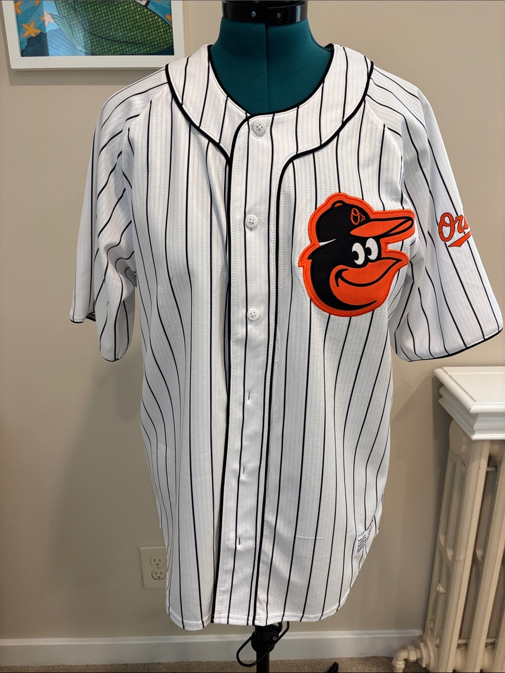 Orioles Pinstripe Baseball Jersey with Orange & Black Mascot Patch